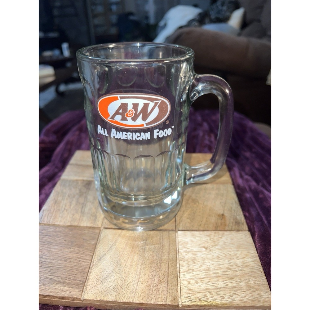A vintage A&W Root Beer glass mug with "All American Food" branding.